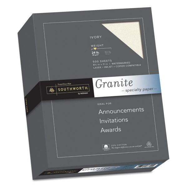 SOU934C Southworth Granite Specialty Paper, Ivory, 24lb, 8 1/2 x 11, 25% Cotton, 500 Sheets