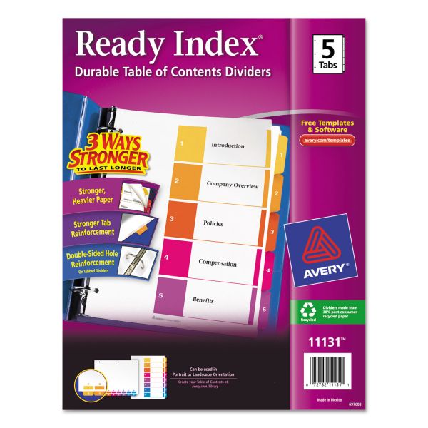 AVE11131 Avery Ready Index Customizable Table of Contents Multicolor Dividers, 5-Tab, Letter