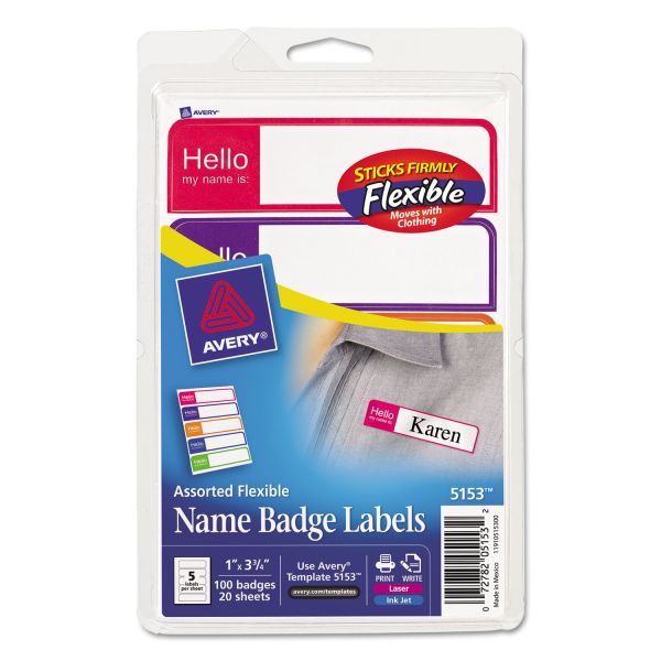 AVE5153 Avery Flexible Self-Adhesive Mini Badge Labels, 1 x 3 3/4, Hello, Bright Asst, 100/PK