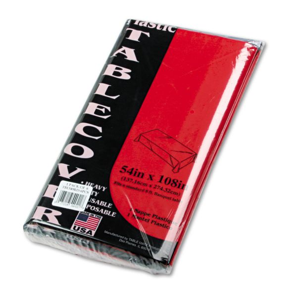 TBL549RD Tablemate Table Set Rectangular Table Cover, Heavyweight Plastic, 54 x 108, Red, 6/Pack