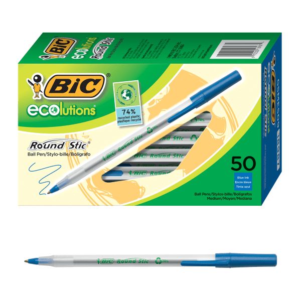 BIC Ecolutions Round Stic Ball Pens, Medium Point, 1.0 mm, 74 Recycled