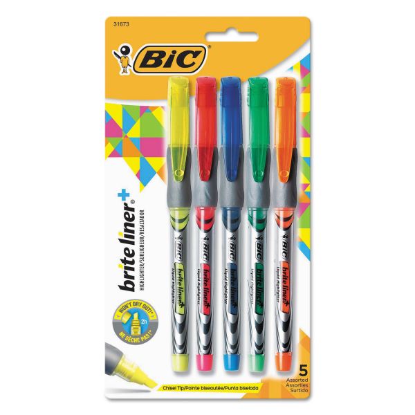 BICB4P51ASST BIC Brite Liner + Highlighter, Chisel Tip, Assorted Colors, 5/Set