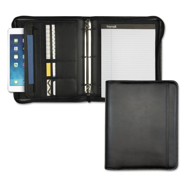 SAM15650 Samsill Professional Zippered Pad Holder/Ring Binder, Pockets, Writing Pad, Vinyl Black