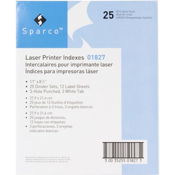 SPR01827 Sparco Laser Printer Index 3-Tab Dividers With Labels
