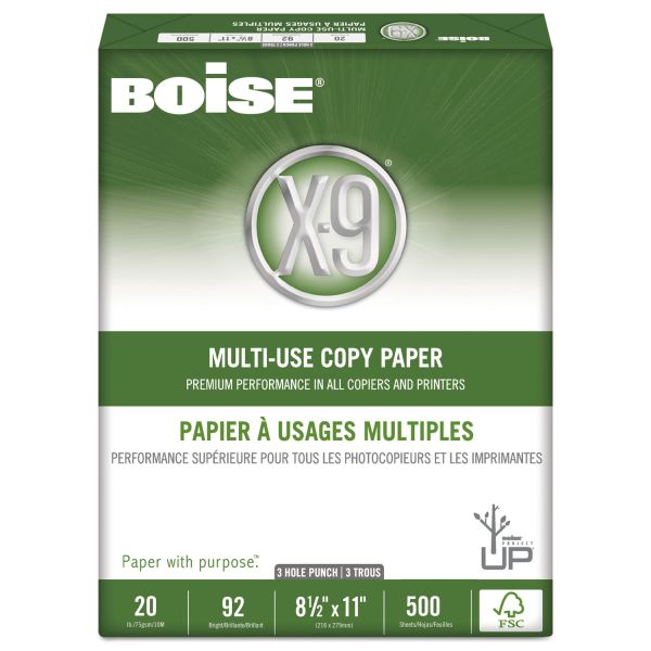 CASOX9001P Boise X-9 Multi-Use 3-Hole Copy Paper, 92 Brightness, 20 lb, 8 1/2 x 11, White, 5000 Sheets/Carton