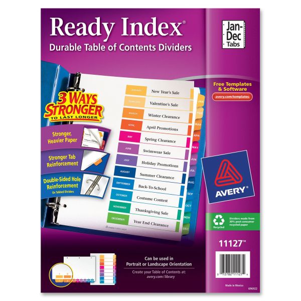 AVE11127 Avery Ready Index Customizable Table of Contents Multicolor Dividers, 12-Tab, Letter