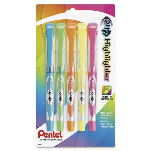PENSL12BP5M Pentel 24/7 Highlighter, Chisel Tip, Blue/Green/Orange/Pink/Yellow Ink, 5/Set