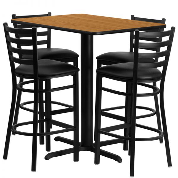 FHFHDBF1019GG Flash Furniture 24''W x 42''L Rectangular Natural Laminate Table Set with 4 Ladder Back Metal Barstools - Black Vinyl Seat