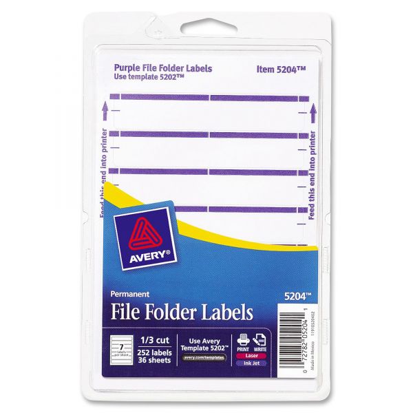 AVE05204 Avery Print or Write File Folder Labels, 11/16 x 3 7/16, White/Purple Bar, 252/Pack
