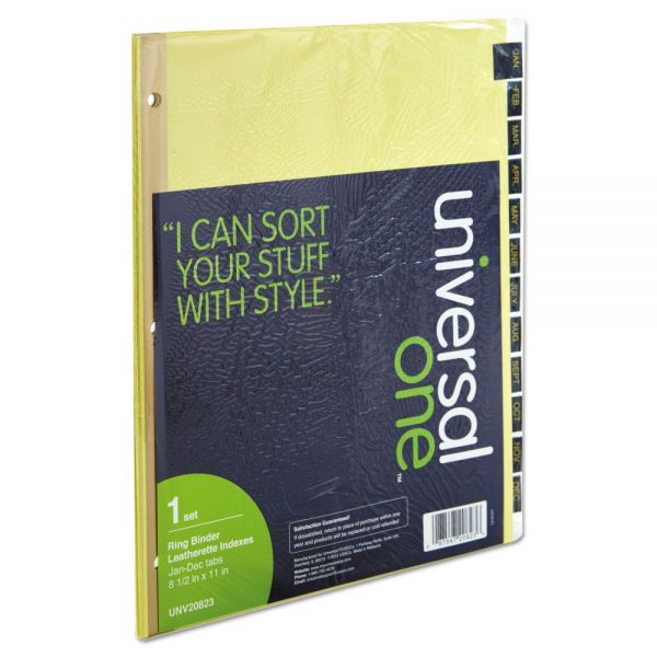 UNV20823 Universal Leather-Look Mylar Tab Dividers, 12 Month Tabs, Letter, Black/Gold, 12/Set