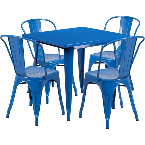 FHFETCT002430BLGG Flash Furniture 31.5'' Square Blue Metal Indoor-Outdoor Table Set with 4 Stack Chairs