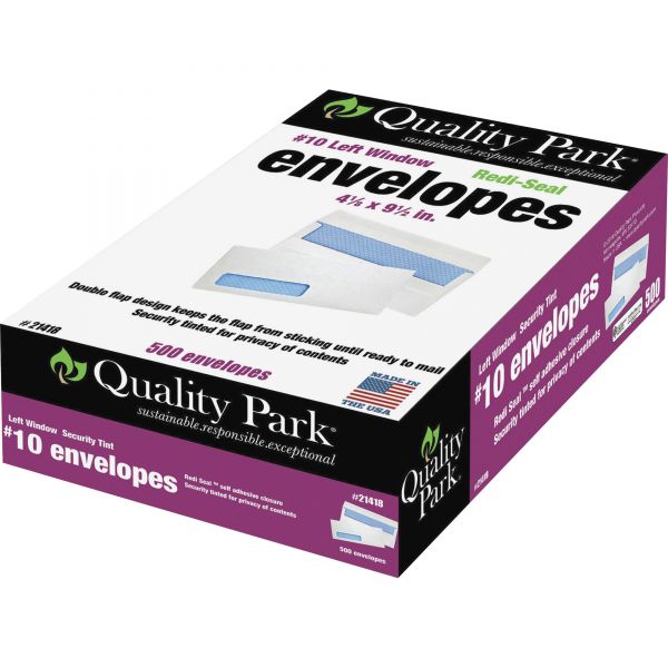 QUA21418 Quality Park 1-Window Redi Seal Security Tinted Envelope, #10, 4 1/8 x 9 1/2, White, 500/Box
