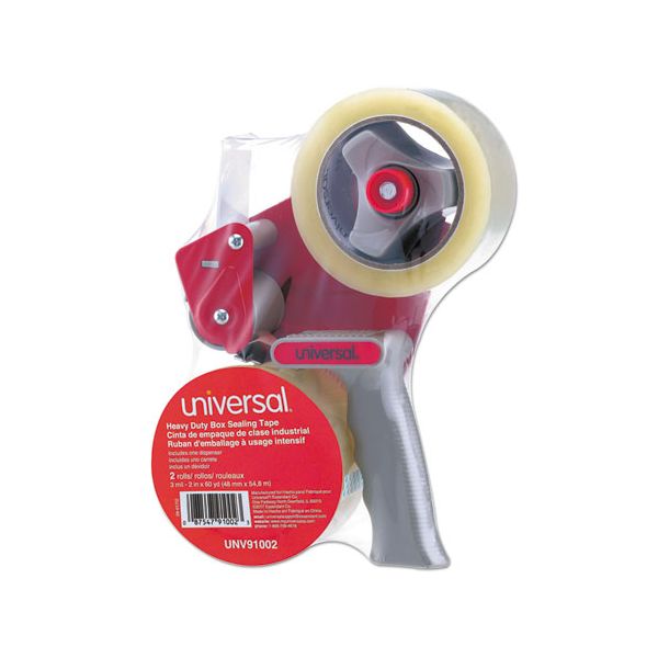 UNV91002 Universal Heavy-Duty Box Sealing Tape w/Dispenser, 48mm x 54.8m, 3" Core, Clear, 2/Pack