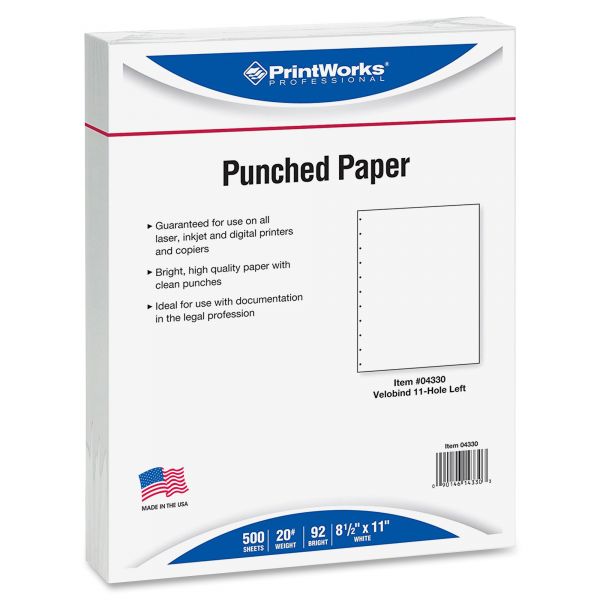 PRB04330 PrintWorks Professional Pro Office Paper, VeloBind 11-Hole Left Punched, 20 lb, 8 1/2 x 11, White, 500 Sheets/Ream