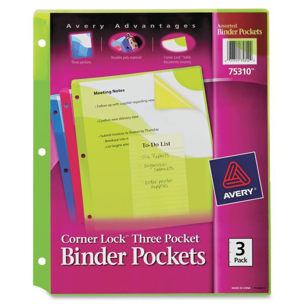 AVE75310 Avery Corner Lock Three-Pocket Binder Pocket, 11 1/4 x 9 1/4, Assorted Color, 3/Pack