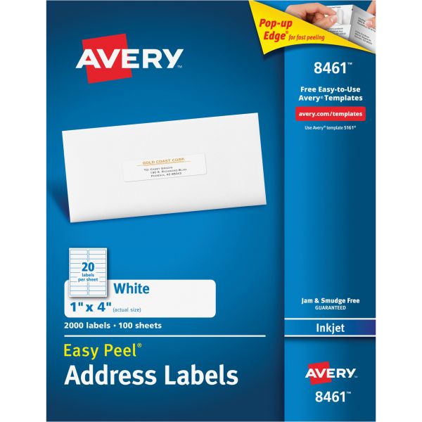 AVE8461 Avery Easy Peel Mailing Address Labels, Inkjet, 1 x 4, White, 2000/Box