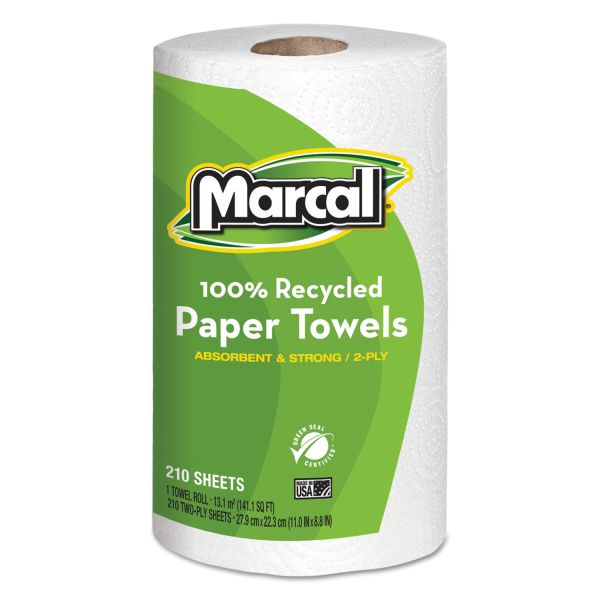 MRC6210 Marcal 100% Recycled Roll Paper Towels, 8 3/4 x 11, 2-Ply, White, 210 Sheets/Roll, 12 Rolls/Carton