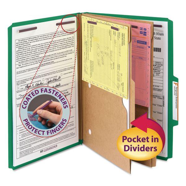 SMD19083 Smead Pressboard Folders with Two Pocket Dividers, Legal, Six-Section, Green, 10/Box