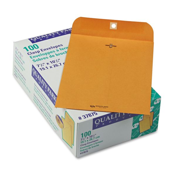 QUA37875 Quality Park Clasp Envelope, 7 1/2 x 10 1/2, 28lb, Brown Kraft, 100/Box