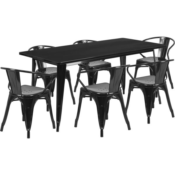 FHFETCT005670BKGG Flash Furniture 31.5'' x 63'' Rectangular Black Metal Indoor-Outdoor Table Set with 6 Arm Chairs