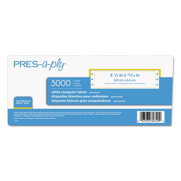 AVE30720 PRES-a-ply Dot Matrix Printer White Address Labels, 15/16 x 3 1/2, White, 5000/Box