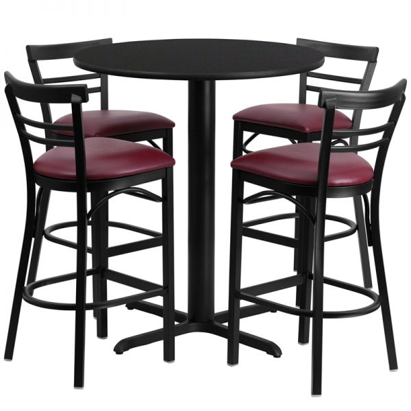FHFHDBF1037GG Flash Furniture 24'' Round Black Laminate Table Set with 4 Ladder Back Metal Barstools - Burgundy Vinyl Seat