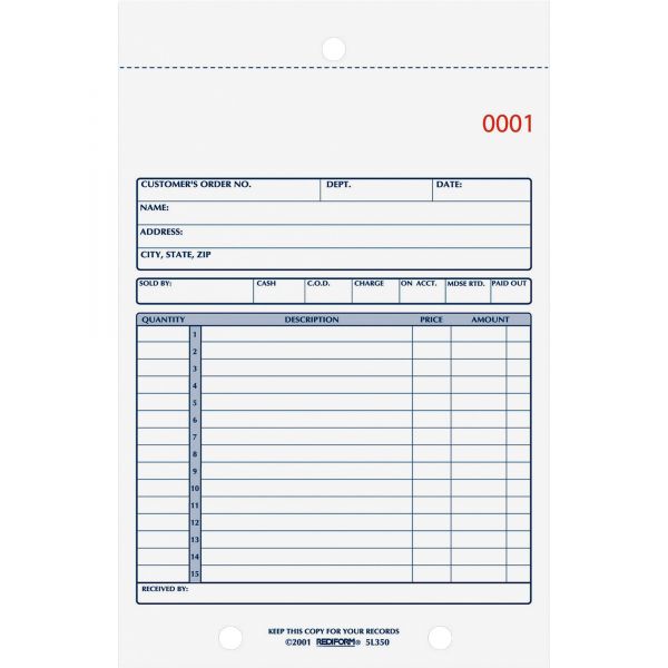 RED5L350 Rediform Sales Book, 5 1/2 x 7 7/8, Three-Part Carbonless, 50 Sets/Book
