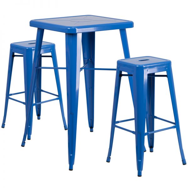 FHFCH31330B230SQBLGG Flash Furniture 23.75'' Square Blue Metal Indoor-Outdoor Bar Table Set with 2 Square Seat Backless Barstools