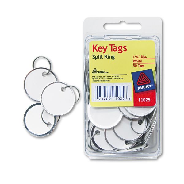 AVE11025 Avery Key Tags with Split Ring, 1 1/4 dia, White, 50/Pack