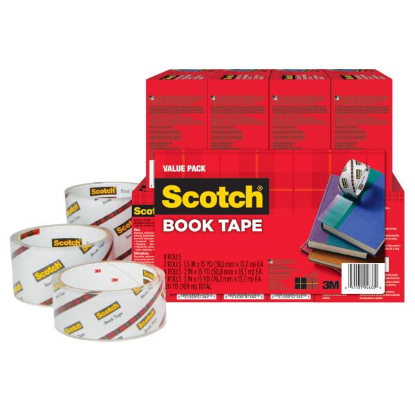 MMM845VP Scotch Book Repair Tape Multi-Pack, 1 1/2" x 15yds, 3" Core, Clear, 8/Pack