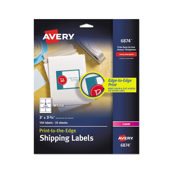 AVE6874 Avery Vibrant Color-Printing Shipping Labels, 3 x 3 3/4, White, 150/Pack