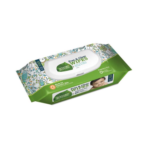 SEV34208 Seventh Generation Free & Clear Baby Wipes, Unscented, White, 64/Pack
