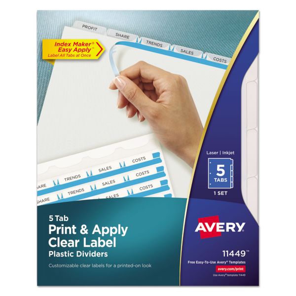 AVE11449 Avery Index Maker Print & Apply Clear Label Plastic Dividers, 5-Tab, Clear Tab, Letter, 1 Set