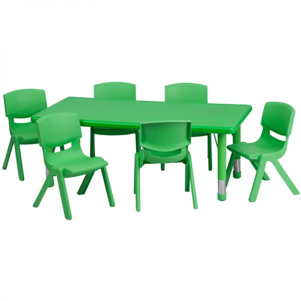 FHFYUYCX00132RECTTBLGREENEGG Flash Furniture 24''W x 48''L Adjustable Rectangular Green Plastic Activity Table Set with 6 School Stack Chairs
