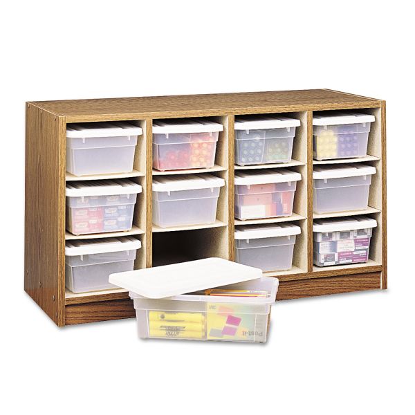 SAF9452MO Safco Modular Wood/Plastic 12 Bin Supplies Organizer, 34 x 13 x 19, Medium Oak/Clear