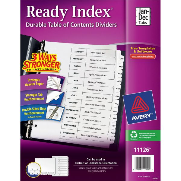 AVE11126 Avery Ready Index Customizable Table of Contents Black & White Dividers, 12-Tab, Ltr