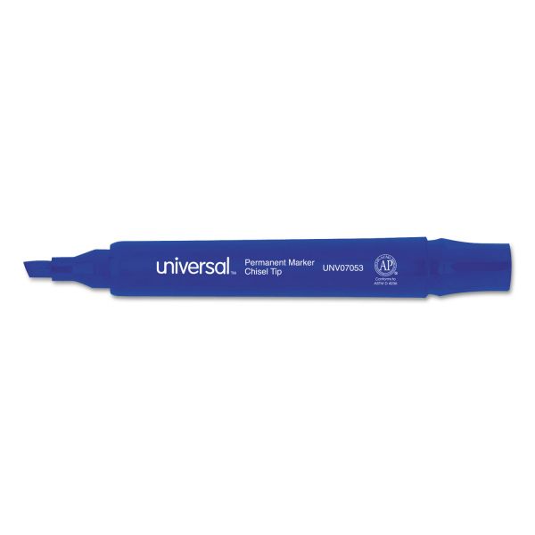 UNV07053 Permanent Markers, Chisel Tip, Blue, Dozen