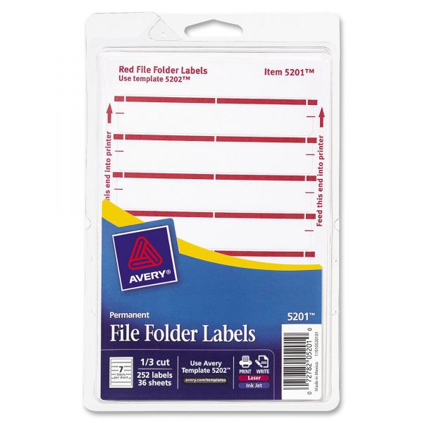 AVE05201 Avery Print or Write File Folder Labels, 11/16 x 3 7/16, White/Dark Red Bar, 252/Pack