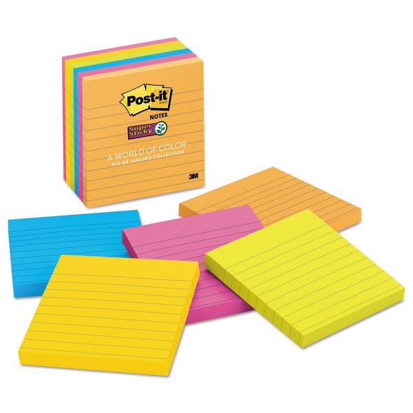 MMM6756SSUC Post-it Notes Super Sticky Pads in Rio de Janeiro Colors, Lined, 4 x 4, 90-Sheet, 6/Pack