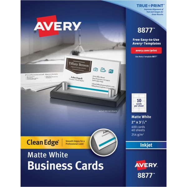 AVE8877 Avery True Print Clean Edge Business Cards, Inkjet, 2 x 3 1/2, White, 400/Box