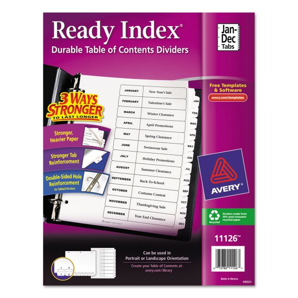 AVE11126 Avery Ready Index Customizable Table of Contents Black & White Dividers, 12-Tab, Ltr