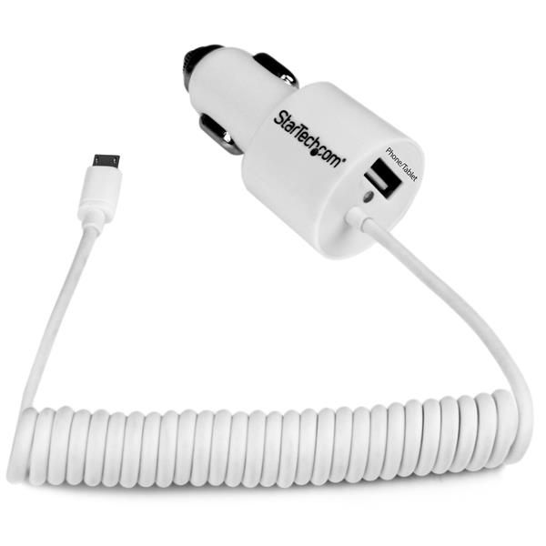SYNX4148210 StarTech.com White Dual Port Car Charger with Micro USB Cable and USB 2.0 Port - High Power (21 Watt / 4.2 Amp)