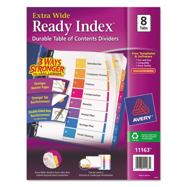 AVE11163 Avery Ready Index Customizable Table of Contents, Asst Dividers, 8-Tab, 11 x 9 1/2
