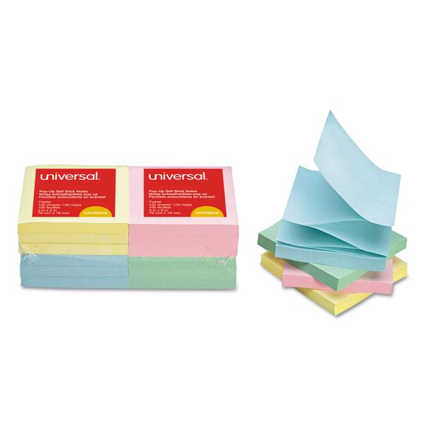 UNV35619 Universal Fan-Folded Self-Stick Pop-Up Notes, 3 x 3, 4 Assorted Pastel, 100-Sheet, 12/PK