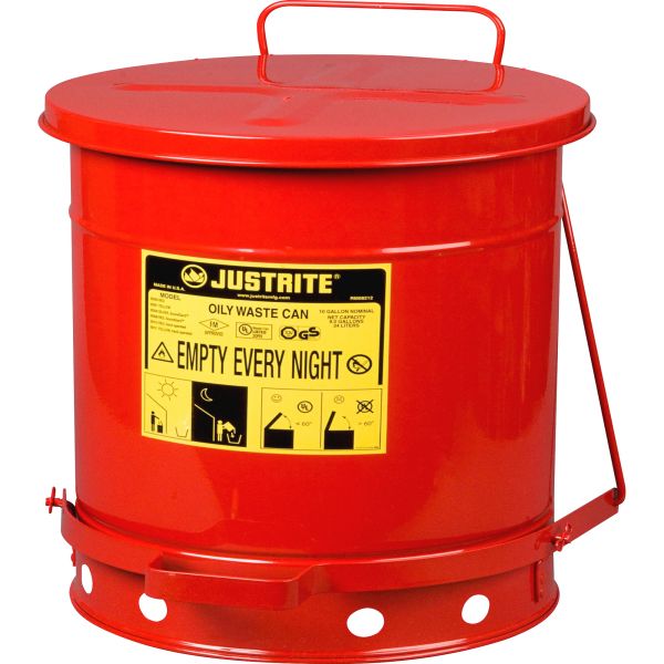 JUS09300 JUSTRITE Red Oily Waste Can, 10gal, Lever Lid