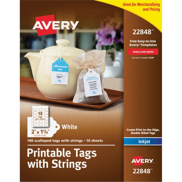 AVE22848 Avery Printable Scalloped Edge Tags with Strings, 2 x 1 1/4, White, 180 Tags