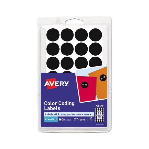 AVE05459 Avery Handwrite Only Removable Round Color-Coding Labels, 3/4" dia, Black, 1008/Pack