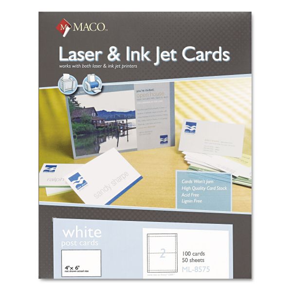 MACML8575 MACO Unruled Microperforated Laser/Ink Jet Index Cards, 4 x 6, White, 100/Box