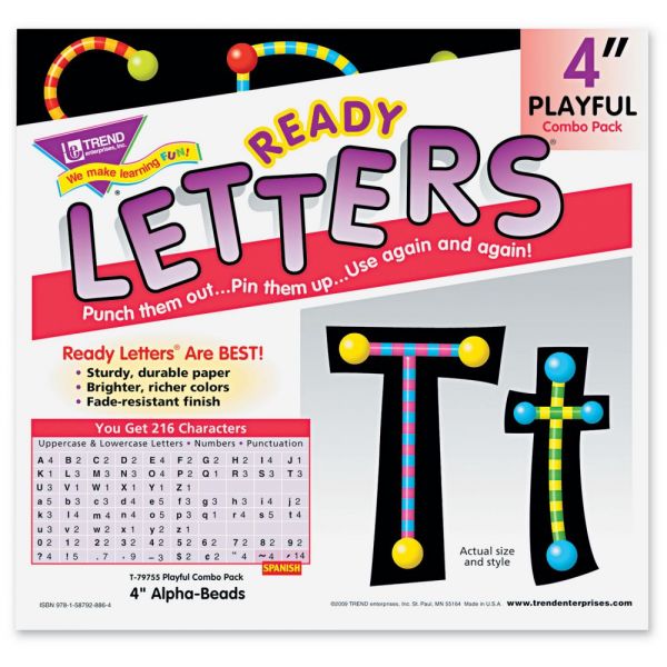 TEPT79755MP TREND Ready Letters Alpha-Beads Letter Combo Pack, Black,Multiple Colors, 4"h, 216/Set