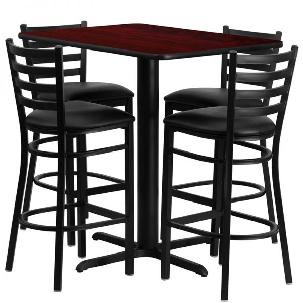 FHFHDBF1018GG Flash Furniture 24''W x 42''L Rectangular Mahogany Laminate Table Set with 4 Ladder Back Metal Barstools - Black Vinyl Seat